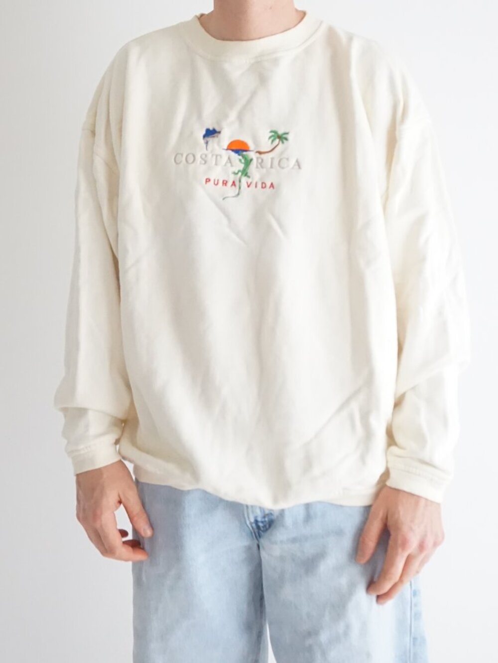 Vintage Costa Rica Cream Embroidered Tropical Iguana Marlin Travel Sweater Large